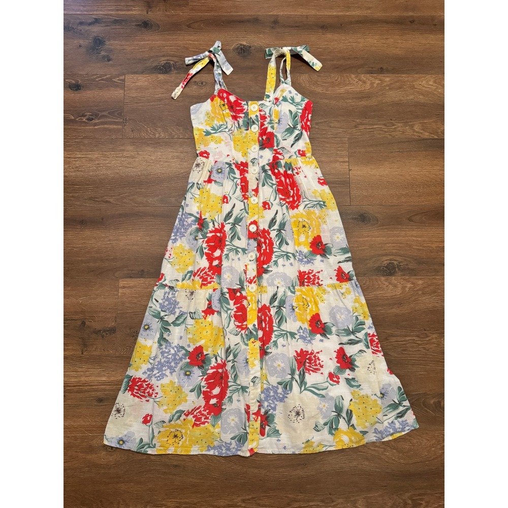 Urban Outfitters Positano Floral Cotton Midi Dress Tie Shoulder Button Front XS